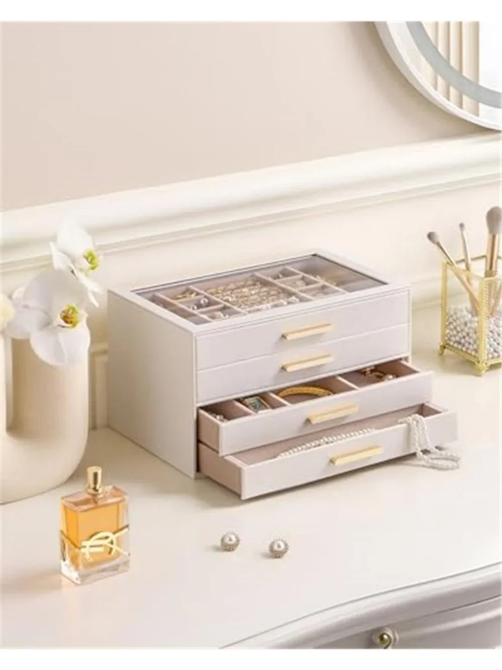 Beige Jewelry Box Organizer 4 Drawer Glass Lid Velvet Ring Necklace Earring Case